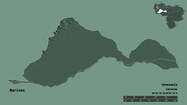 委内瑞拉的巴拉那形状 其首都在坚实的背景下与世隔绝 距离尺度 区域预览和标签 彩色高程图 3D渲染 — 图库照片