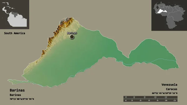 バリナスの形 ベネズエラの状態 およびその首都 距離スケール プレビューおよびラベル 地形図 3Dレンダリング — ストック写真