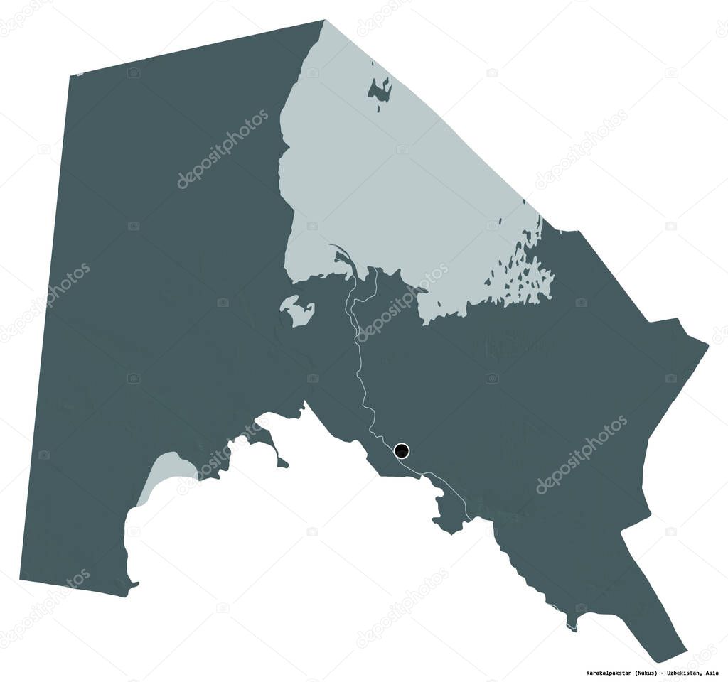 Shape of Karakalpakstan, autononous region of Uzbekistan, with its capital isolated on white background. Colored elevation map. 3D rendering