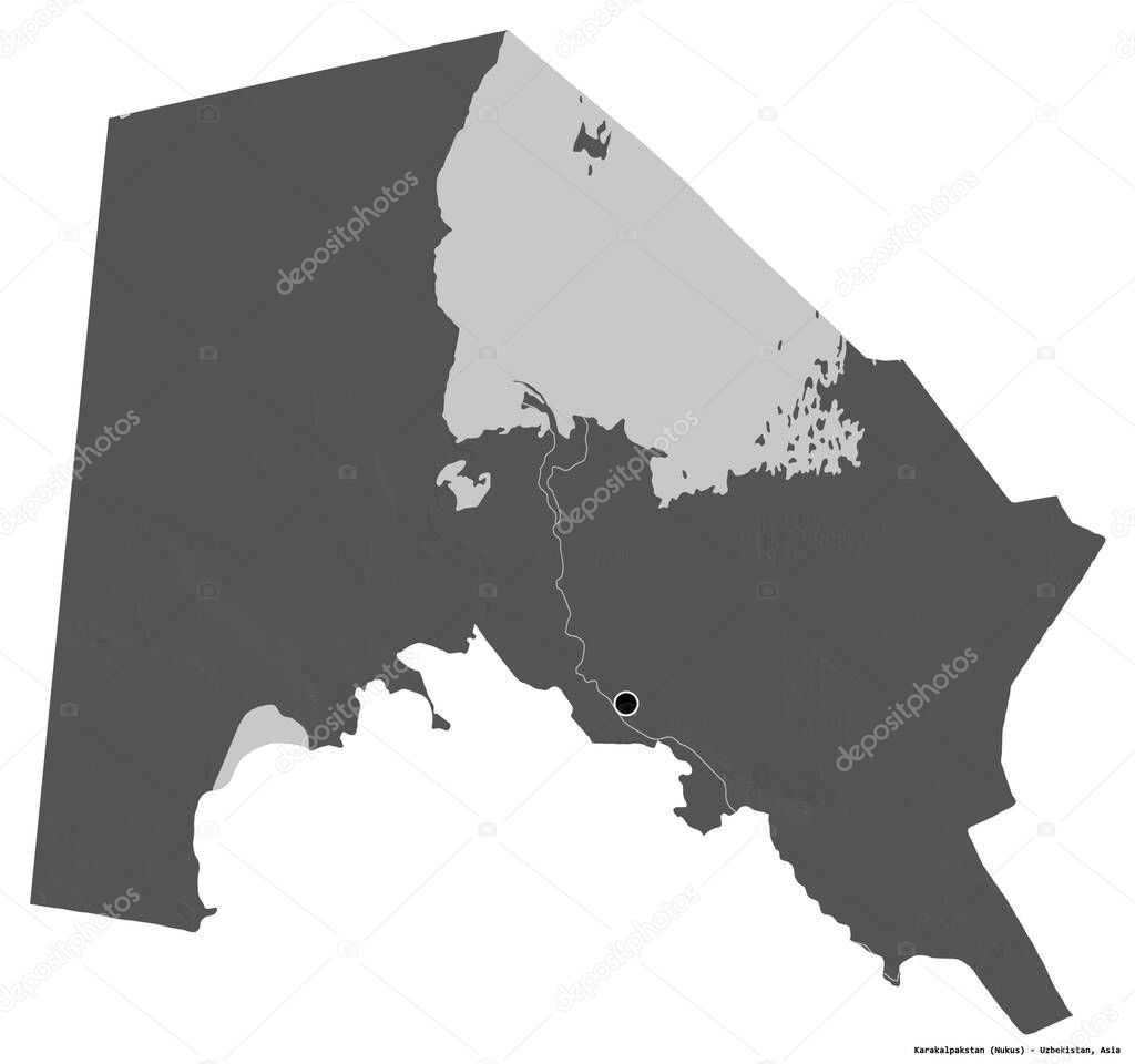 Shape of Karakalpakstan, autononous region of Uzbekistan, with its capital isolated on white background. Bilevel elevation map. 3D rendering