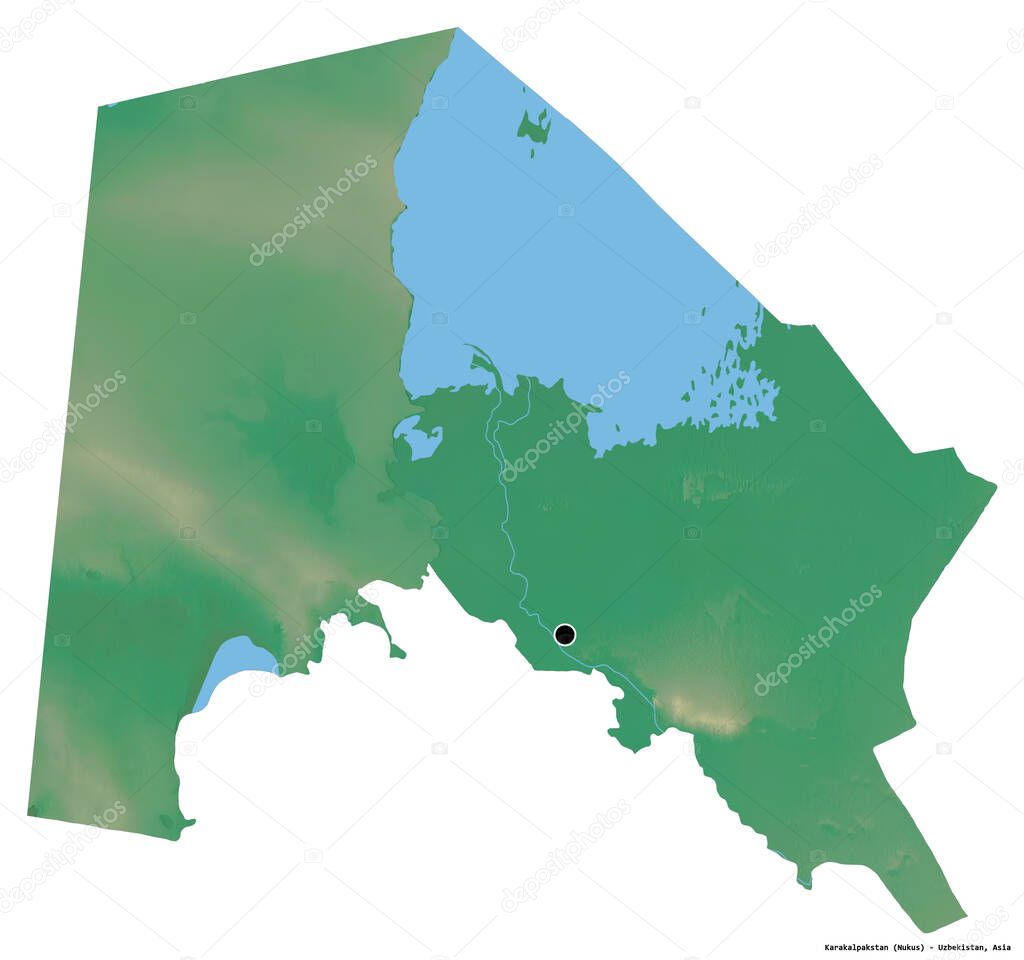 Shape of Karakalpakstan, autononous region of Uzbekistan, with its capital isolated on white background. Topographic relief map. 3D rendering