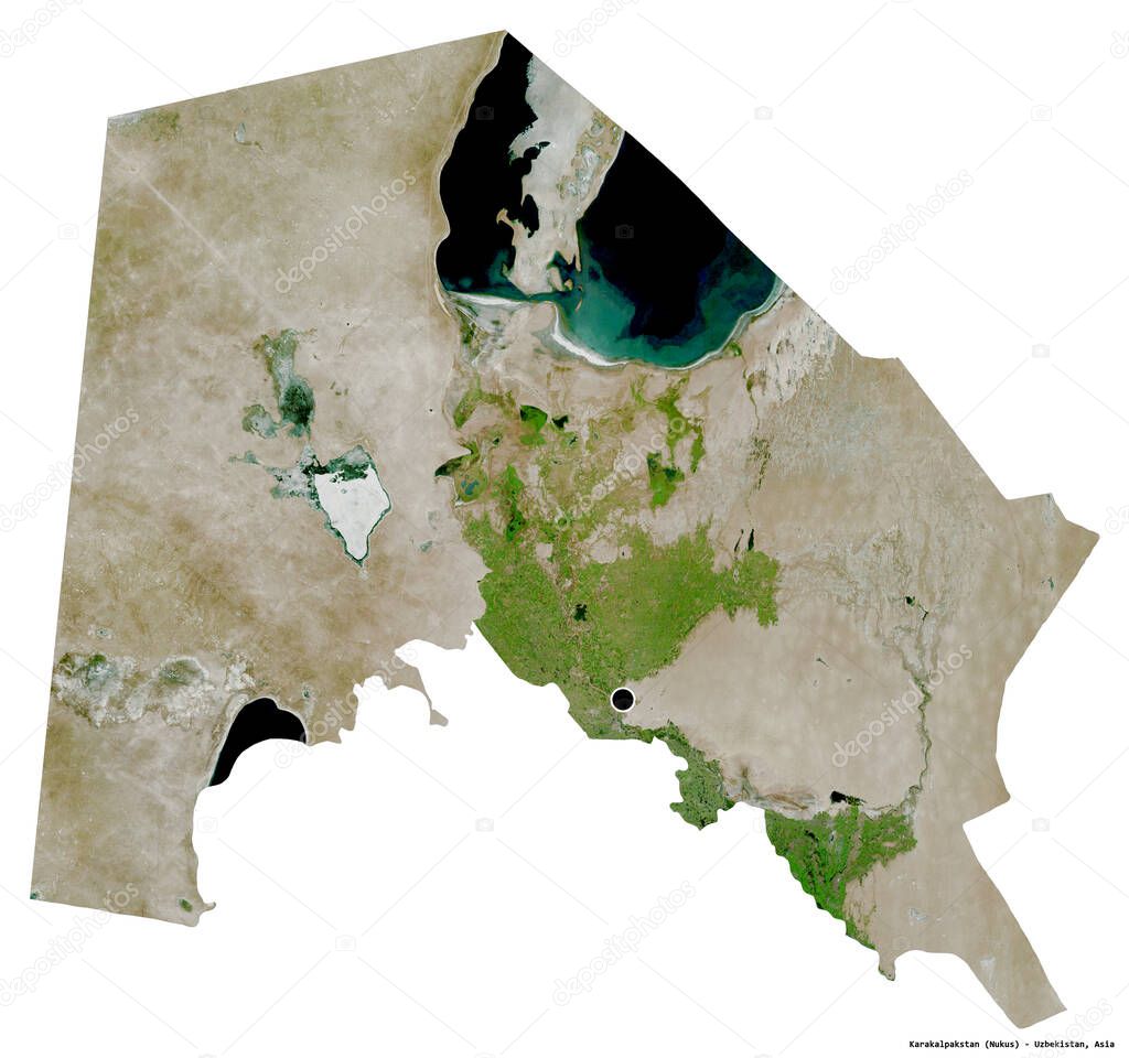 Shape of Karakalpakstan, autononous region of Uzbekistan, with its capital isolated on white background. Satellite imagery. 3D rendering