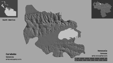 Carabobo 'nun şekli, Venezuela eyaleti ve başkenti. Uzaklık ölçeği, ön gösterimler ve etiketler. Çift seviyeli yükseklik haritası. 3B görüntüleme