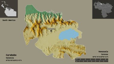 Carabobo 'nun şekli, Venezuela eyaleti ve başkenti. Uzaklık ölçeği, ön gösterimler ve etiketler. Topografik yardım haritası. 3B görüntüleme
