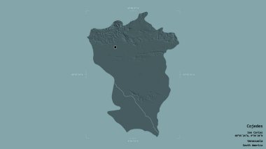 Cojedes bölgesi, Venezuela eyaleti, katı bir arka planda izole edilmiş bir sınır kutusunda. Etiketler. Renkli yükseklik haritası. 3B görüntüleme