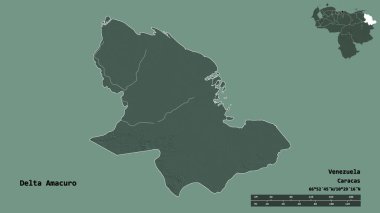 Delta Amacuro 'nun şekli, Venezuela eyaleti, başkenti sağlam bir zemin üzerinde izole edilmiş. Uzaklık ölçeği, bölge önizlemesi ve etiketleri. Renkli yükseklik haritası. 3B görüntüleme
