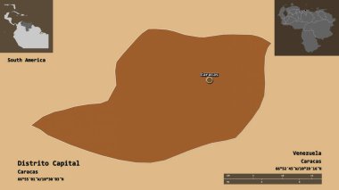 Dağıtım başkenti, Venezuela eyaleti ve başkenti. Uzaklık ölçeği, ön gösterimler ve etiketler. Desenli dokuların bileşimi. 3B görüntüleme