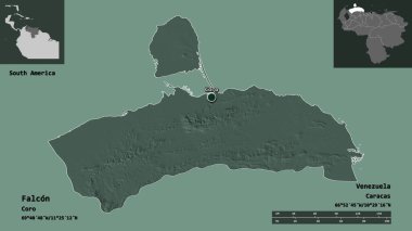 Venezuela eyaleti ve başkenti Falcon 'un şekli. Uzaklık ölçeği, ön gösterimler ve etiketler. Renkli yükseklik haritası. 3B görüntüleme