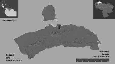 Venezuela eyaleti ve başkenti Falcon 'un şekli. Uzaklık ölçeği, ön gösterimler ve etiketler. Çift seviyeli yükseklik haritası. 3B görüntüleme