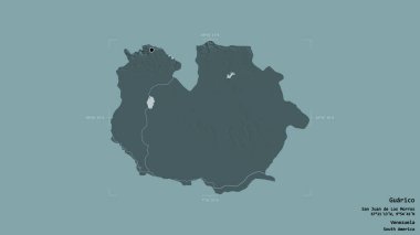 Guarico bölgesi, Venezuela eyaleti, katı bir arka planda izole edilmiş bir sınır kutusunda. Etiketler. Renkli yükseklik haritası. 3B görüntüleme