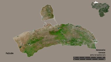 Venezuela eyaleti Falcon 'un şekli, sermayesi katı bir zemin üzerinde izole edilmiş. Uzaklık ölçeği, bölge önizlemesi ve etiketleri. Uydu görüntüleri. 3B görüntüleme