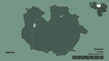 Guarico 'nun şekli, Venezuela eyaleti, başkenti sağlam bir zemin üzerinde izole edilmiş. Uzaklık ölçeği, bölge önizlemesi ve etiketleri. Renkli yükseklik haritası. 3B görüntüleme