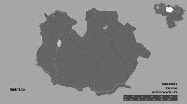 Guarico 'nun şekli, Venezuela eyaleti, başkenti sağlam bir zemin üzerinde izole edilmiş. Uzaklık ölçeği, bölge önizlemesi ve etiketleri. Çift seviyeli yükseklik haritası. 3B görüntüleme