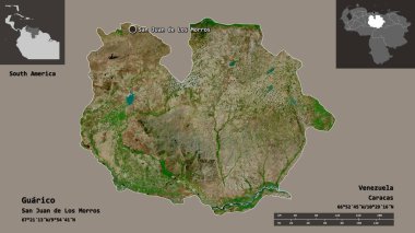 Guarico 'nun şekli, Venezuela eyaleti ve başkenti. Uzaklık ölçeği, ön gösterimler ve etiketler. Uydu görüntüleri. 3B görüntüleme