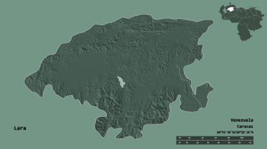 Lara 'nın şekli, Venezuela eyaleti, başkenti katı bir zemin üzerinde izole edilmiş. Uzaklık ölçeği, bölge önizlemesi ve etiketleri. Renkli yükseklik haritası. 3B görüntüleme