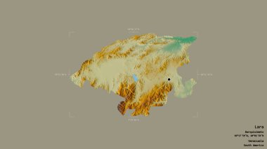 Lara bölgesi, Venezuela eyaleti, katı bir arka planda izole edilmiş bir sınır kutusunda. Etiketler. Topografik yardım haritası. 3B görüntüleme