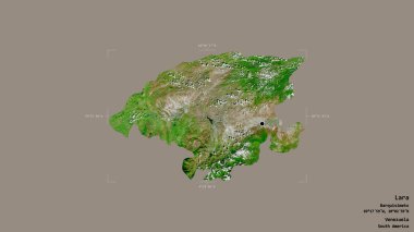 Lara bölgesi, Venezuela eyaleti, katı bir arka planda izole edilmiş bir sınır kutusunda. Etiketler. Uydu görüntüleri. 3B görüntüleme