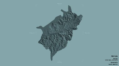 Merida bölgesi, Venezuela eyaleti, katı bir arka planda izole edilmiş bir sınır kutusunda. Etiketler. Renkli yükseklik haritası. 3B görüntüleme