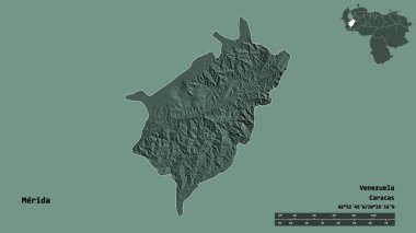 Merida 'nın şekli, Venezuela eyaleti, başkenti katı bir zemin üzerinde izole edilmiş. Uzaklık ölçeği, bölge önizlemesi ve etiketleri. Renkli yükseklik haritası. 3B görüntüleme