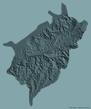 Merida 'nın şekli, Venezuela eyaleti, başkenti katı renk arka planında izole edilmiş. Renkli yükseklik haritası. 3B görüntüleme