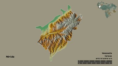 Merida 'nın şekli, Venezuela eyaleti, başkenti katı bir zemin üzerinde izole edilmiş. Uzaklık ölçeği, bölge önizlemesi ve etiketleri. Topografik yardım haritası. 3B görüntüleme