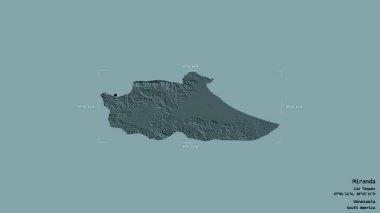 Miranda bölgesi, Venezuela eyaleti, katı bir arka planda izole edilmiş bir sınır kutusunda. Etiketler. Renkli yükseklik haritası. 3B görüntüleme