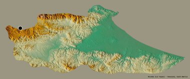 Miranda 'nın şekli, Venezuela eyaleti, başkenti katı renk arka planında izole edilmiş. Topografik yardım haritası. 3B görüntüleme