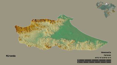 Miranda 'nın şekli, Venezuela eyaleti, sermayesi sağlam arka planda izole edilmiş. Uzaklık ölçeği, bölge önizlemesi ve etiketleri. Topografik yardım haritası. 3B görüntüleme