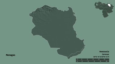 Monagas 'ın şekli, Venezuela eyaleti, başkenti katı bir zemin üzerinde izole edilmiş. Uzaklık ölçeği, bölge önizlemesi ve etiketleri. Renkli yükseklik haritası. 3B görüntüleme
