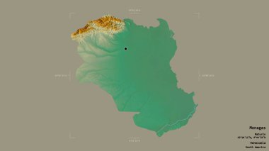 Monagas bölgesi, Venezuela eyaleti, katı bir arka planda izole edilmiş bir sınır kutusunda. Etiketler. Topografik yardım haritası. 3B görüntüleme