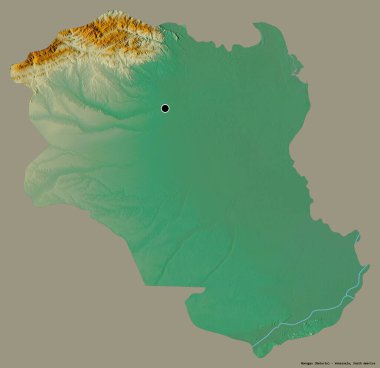 Monagas 'ın şekli, Venezuela eyaleti, başkenti katı renk arka planında izole edilmiş. Topografik yardım haritası. 3B görüntüleme