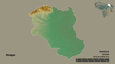 Monagas 'ın şekli, Venezuela eyaleti, başkenti katı bir zemin üzerinde izole edilmiş. Uzaklık ölçeği, bölge önizlemesi ve etiketleri. Topografik yardım haritası. 3B görüntüleme
