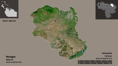 Monagas 'ın şekli, Venezuela eyaleti ve başkenti. Uzaklık ölçeği, ön gösterimler ve etiketler. Uydu görüntüleri. 3B görüntüleme