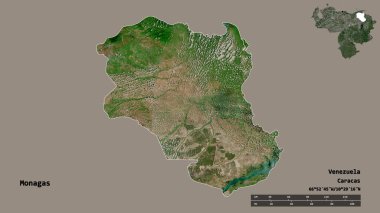 Monagas 'ın şekli, Venezuela eyaleti, başkenti katı bir zemin üzerinde izole edilmiş. Uzaklık ölçeği, bölge önizlemesi ve etiketleri. Uydu görüntüleri. 3B görüntüleme