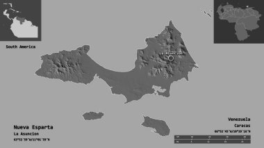 Nueva Esparta 'nın şekli, Venezuela eyaleti ve başkenti. Uzaklık ölçeği, ön gösterimler ve etiketler. Çift seviyeli yükseklik haritası. 3B görüntüleme