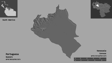 Portekiz 'in şekli, Venezuela eyaleti ve başkenti. Uzaklık ölçeği, ön gösterimler ve etiketler. Çift seviyeli yükseklik haritası. 3B görüntüleme