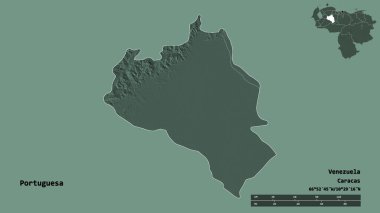 Portekiz 'in şekli, Venezuela eyaleti, başkenti sağlam bir zemin üzerinde izole edilmiş. Uzaklık ölçeği, bölge önizlemesi ve etiketleri. Renkli yükseklik haritası. 3B görüntüleme