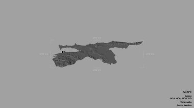 Sucre bölgesi, Venezuela eyaleti, katı bir arka planda izole edilmiş bir sınır kutusunda. Etiketler. Çift seviyeli yükseklik haritası. 3B görüntüleme