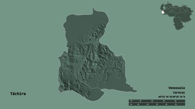 Venezuela 'nın Tachira eyaleti, başkenti sağlam bir zemin üzerinde izole edilmiş. Uzaklık ölçeği, bölge önizlemesi ve etiketleri. Renkli yükseklik haritası. 3B görüntüleme