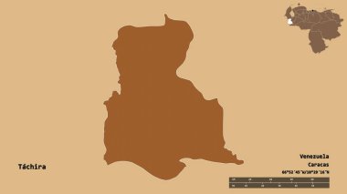 Venezuela 'nın Tachira eyaleti, başkenti sağlam bir zemin üzerinde izole edilmiş. Uzaklık ölçeği, bölge önizlemesi ve etiketleri. Desenli dokuların bileşimi. 3B görüntüleme