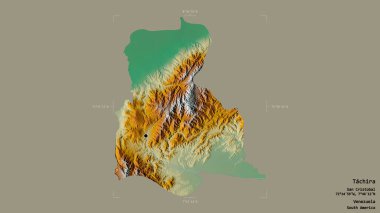 Tachira bölgesi, Venezuela eyaleti, katı bir arka planda izole edilmiş bir sınır kutusunda. Etiketler. Topografik yardım haritası. 3B görüntüleme