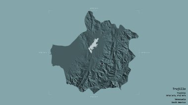Trujillo bölgesi, Venezuela eyaleti, katı bir arka planda izole edilmiş bir sınır kutusunda. Etiketler. Renkli yükseklik haritası. 3B görüntüleme