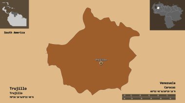 Trujillo 'nun şekli, Venezuela eyaleti ve başkenti. Uzaklık ölçeği, ön gösterimler ve etiketler. Desenli dokuların bileşimi. 3B görüntüleme