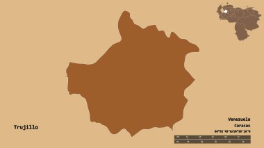 Trujillo 'nun şekli, Venezuela eyaleti, başkenti katı bir zemin üzerinde izole edilmiş. Uzaklık ölçeği, bölge önizlemesi ve etiketleri. Desenli dokuların bileşimi. 3B görüntüleme