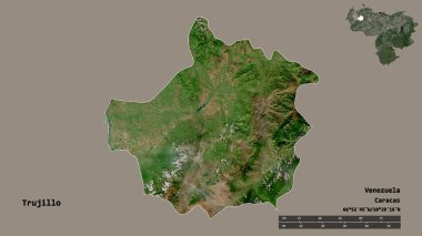 Trujillo 'nun şekli, Venezuela eyaleti, başkenti katı bir zemin üzerinde izole edilmiş. Uzaklık ölçeği, bölge önizlemesi ve etiketleri. Uydu görüntüleri. 3B görüntüleme