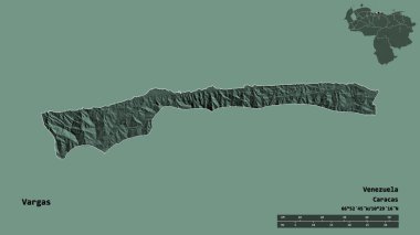 Vargas 'ın şekli, Venezuela eyaleti, başkenti katı bir zemin üzerinde izole edilmiş. Uzaklık ölçeği, bölge önizlemesi ve etiketleri. Renkli yükseklik haritası. 3B görüntüleme