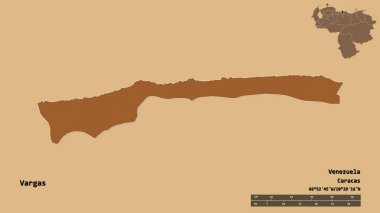 Vargas 'ın şekli, Venezuela eyaleti, başkenti katı bir zemin üzerinde izole edilmiş. Uzaklık ölçeği, bölge önizlemesi ve etiketleri. Desenli dokuların bileşimi. 3B görüntüleme