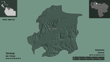 Yaracuy 'un şekli, Venezuela eyaleti ve başkenti. Uzaklık ölçeği, ön gösterimler ve etiketler. Renkli yükseklik haritası. 3B görüntüleme