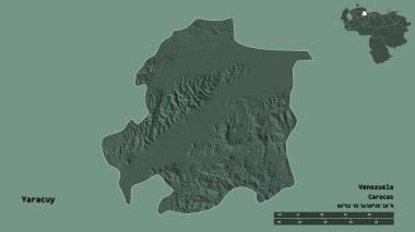 Yaracuy 'un şekli, Venezuela eyaleti, başkenti katı arka planda izole edilmiş. Uzaklık ölçeği, bölge önizlemesi ve etiketleri. Renkli yükseklik haritası. 3B görüntüleme