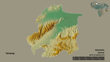 Yaracuy 'un şekli, Venezuela eyaleti, başkenti katı arka planda izole edilmiş. Uzaklık ölçeği, bölge önizlemesi ve etiketleri. Topografik yardım haritası. 3B görüntüleme